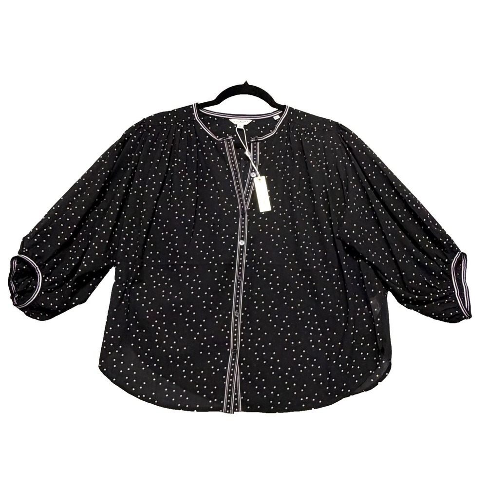 Max Studio London Blouse Women XS Black Polka Dot Button Front Peasant Boho
